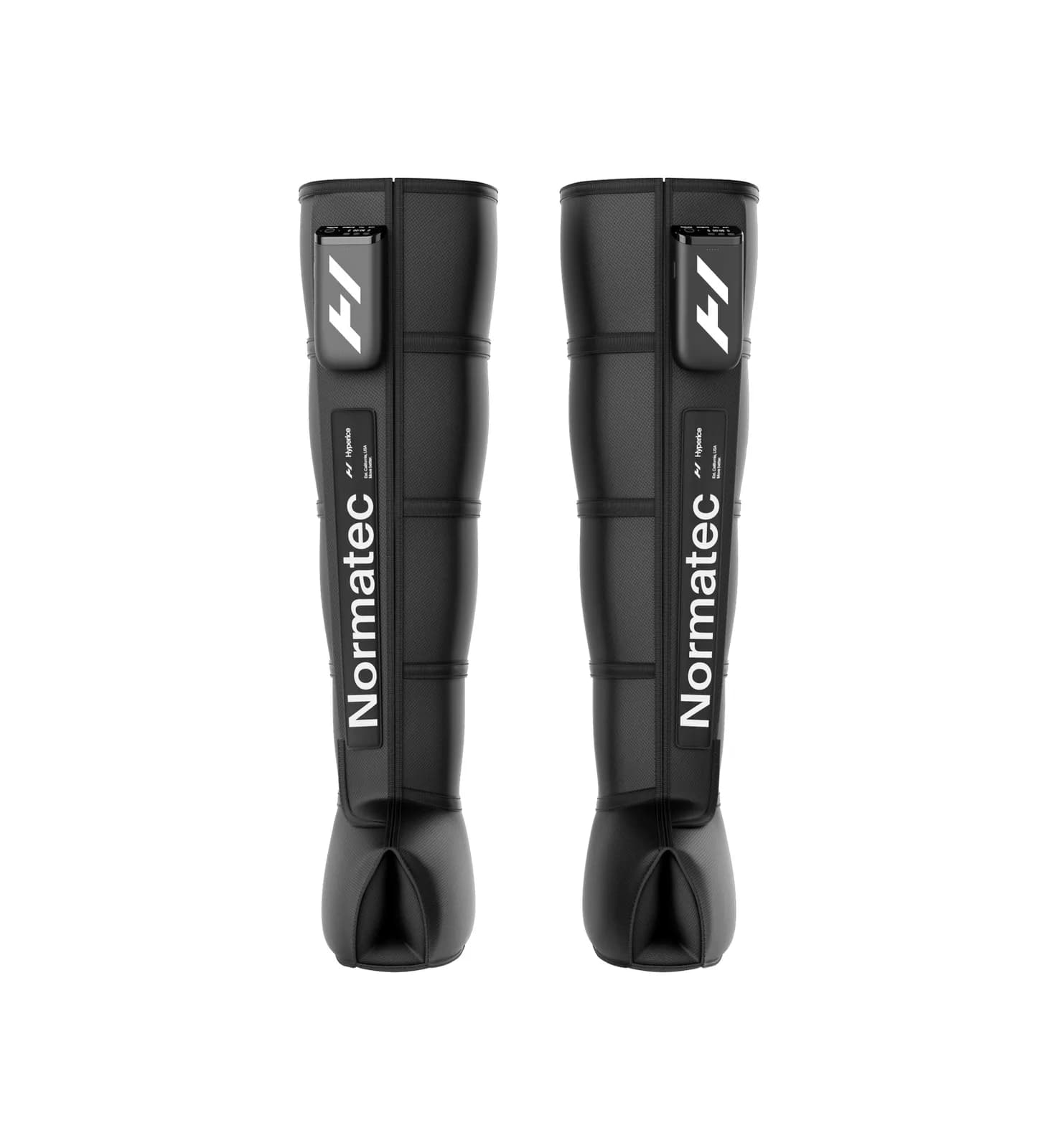 Pair of Hyperice Normatec Elite leg compression boots, front view